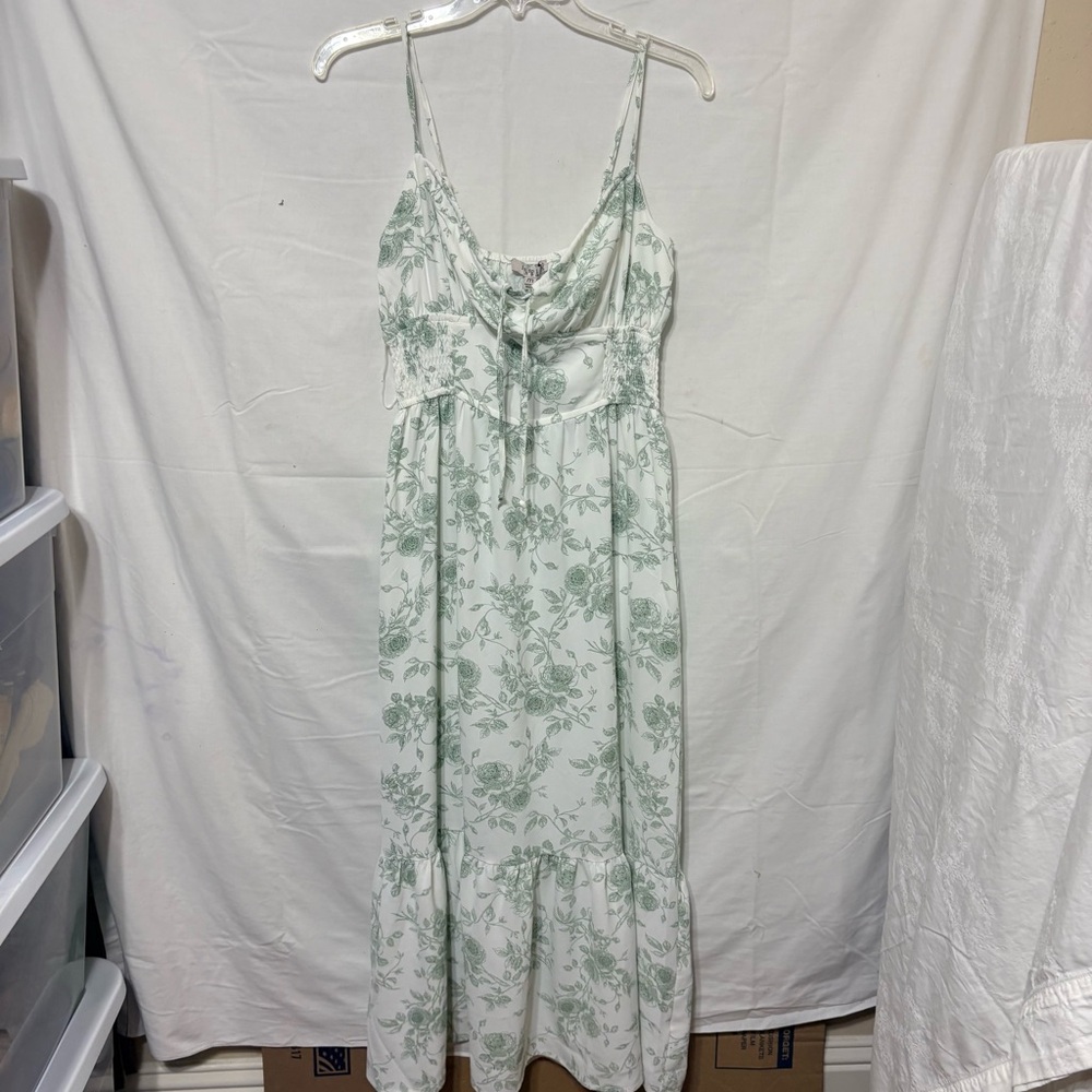 Ivory green floral ruffle trim midi dress with a floral print, smocked waist, - Picture 2 of 10